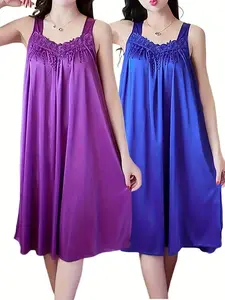 2pcs of Women'S Elegant Lace Pajamas - Smooth Satin Fabric, Purple And Blue, Sleeveless Round Neck Nightgown, Exquisite Floral Lace Details, Light And Comfortable in Summer