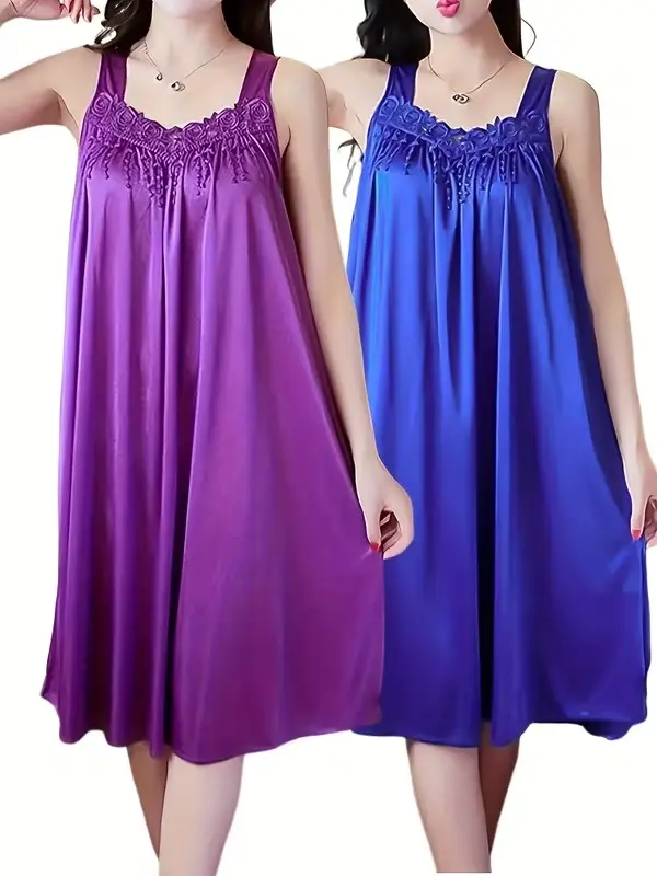2pcs of Women'S Elegant Lace Pajamas - Smooth Satin Fabric, Purple And Blue, Sleeveless Round Neck Nightgown, Exquisite Floral Lace Details, Light And Comfortable in Summer