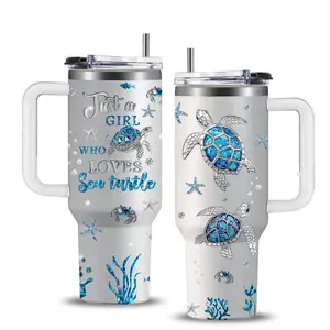 Sea Turtle Tumbler Gift for Women and Men - 40oz Tumbler with Straw & Handle, Stainless Steel Insulated Vacuum, Water Bottle with Turtle & Marine Life Design, Best Gift for Birthday and Christmas