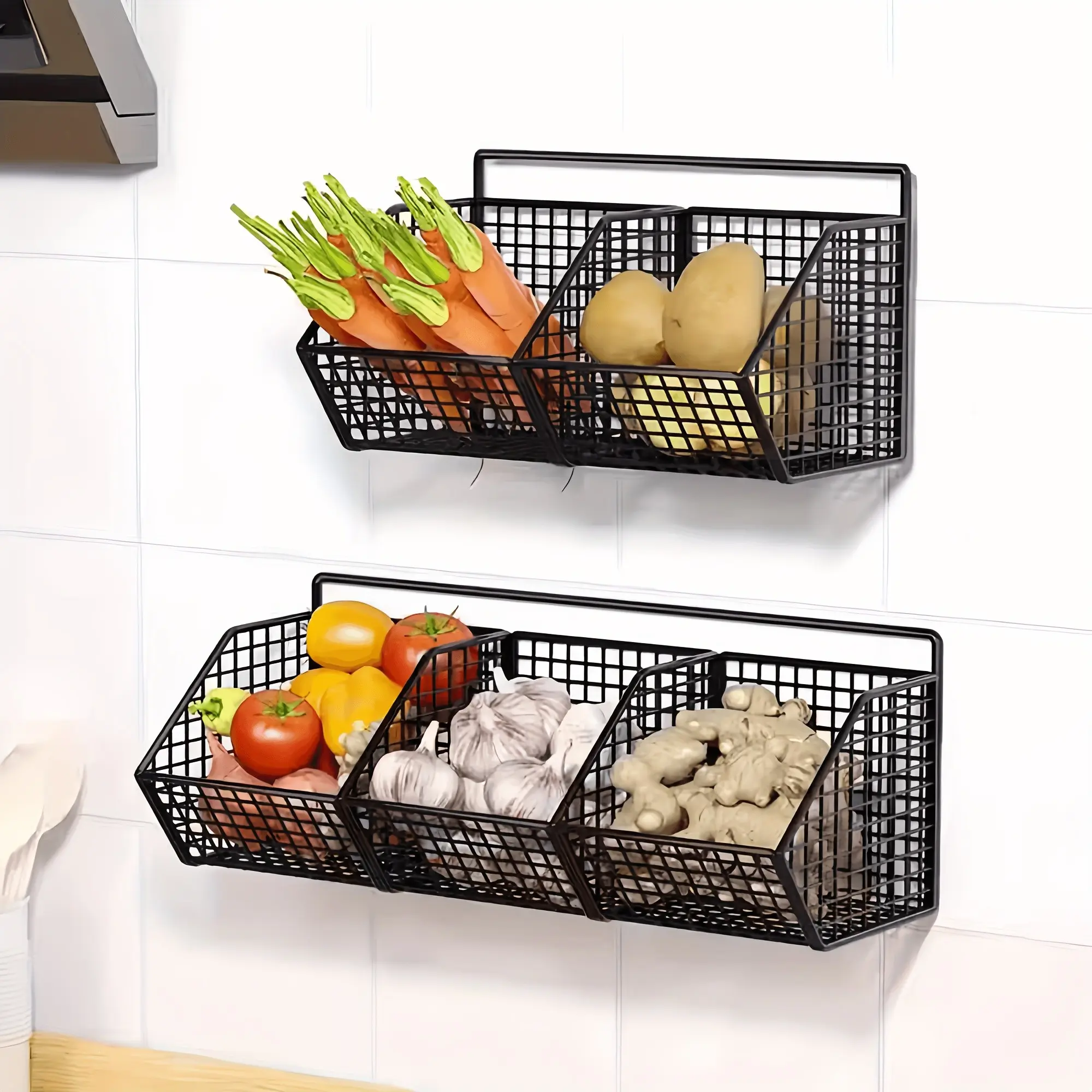Wall-Mounted Wire Fruit Basket with Three Compartments, Kitchen Storage Solution, Bathroom Organizer Box, Wall Shelf for Pantry, Vegetable Basket, Home Organizers, Storage Unit, Baskets for Organizing, Kitchen Organizers and Storage, Home Storage Supplies