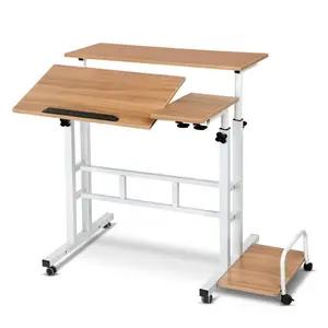 【Christmas Gift】1 Set Wooden Adjustable Height Rolling Mobile Foldable Computer Desk Standing Workstation Light Walnut Bedside Writing Table Small Single Study Desk