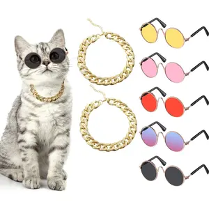 7 Pieces Sunglasses for Cats Dog Sunglasses Gold Chain Costume Funny Cute Cat Glasses Retro Pet Cosplay (Vivid Colors, Lovely Style)