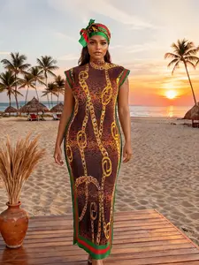 Women's Elegant Chain Design Printed Shawl Set, Slim-Fitting Long Dress Cover-Up Scarf, Beach Sun Protection Silk Wrap, Chain Pattern, Swimsuit Cover Up