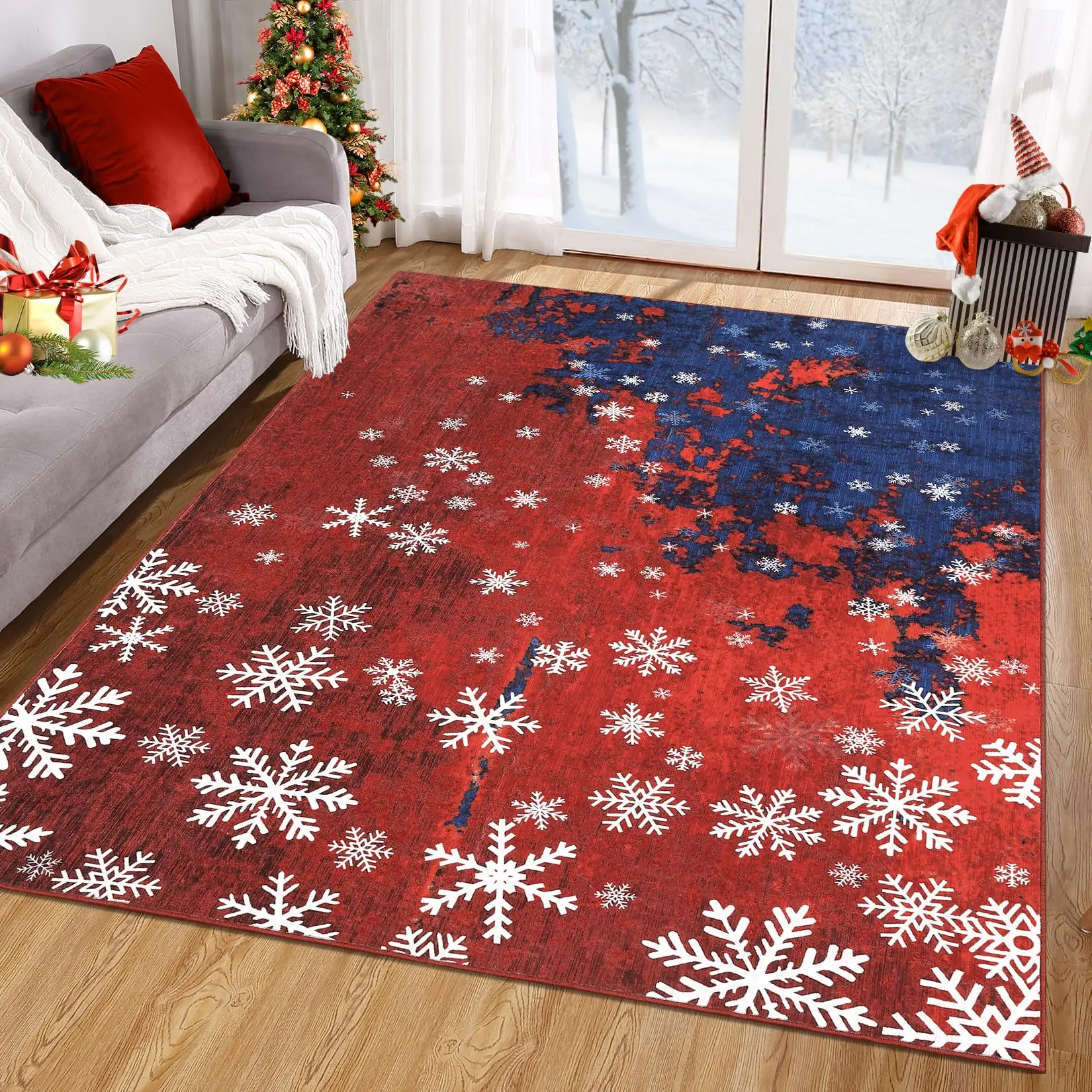 【GARVEE】CAROMI Christmas Rug, 1.7 x 1.8 m, machine washable, snowflake rug, holiday decoration, modern, abstract, non-slip, stain resistant, for living room and bedroom decoration