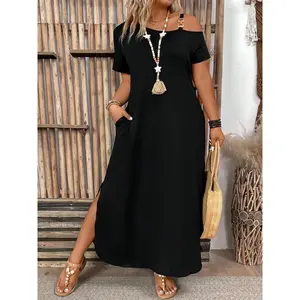 Plus Size Solid Color Asymmetrical Collar Open Top Dress, Summer Casual Short Sleeve Long Dress, Women’s Daily Wear, Casual Dress GARMENTARY