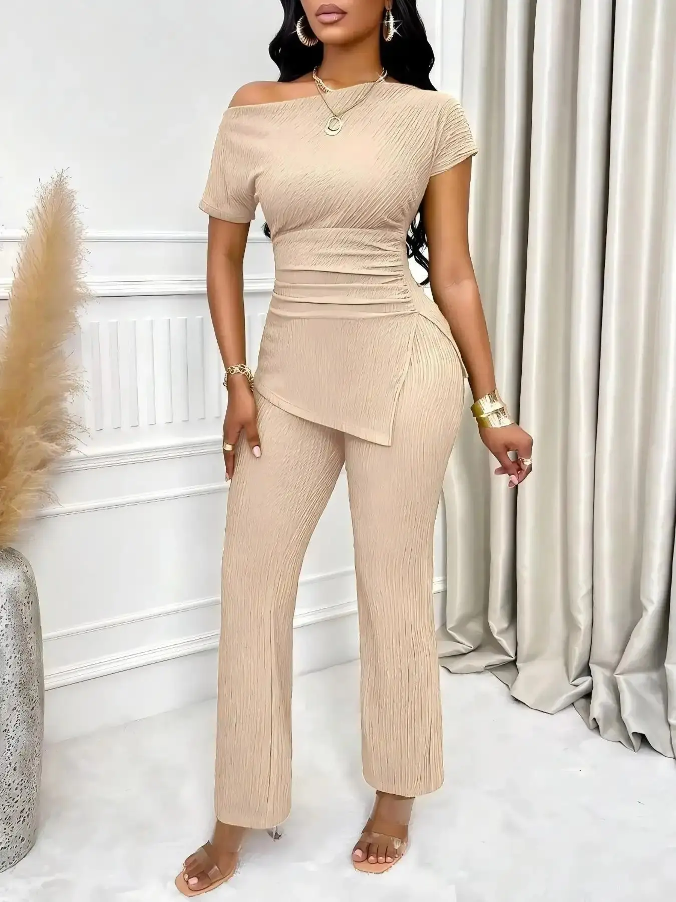 Asymmetric Neckline Ruched Hem Top and Bell Bottom Pants Set for Women, Casual Batwing Sleeve Two-Piece Coordinated Outfit All Season Daily Wear, coordinated look effortless pairing curated combination refined feminine