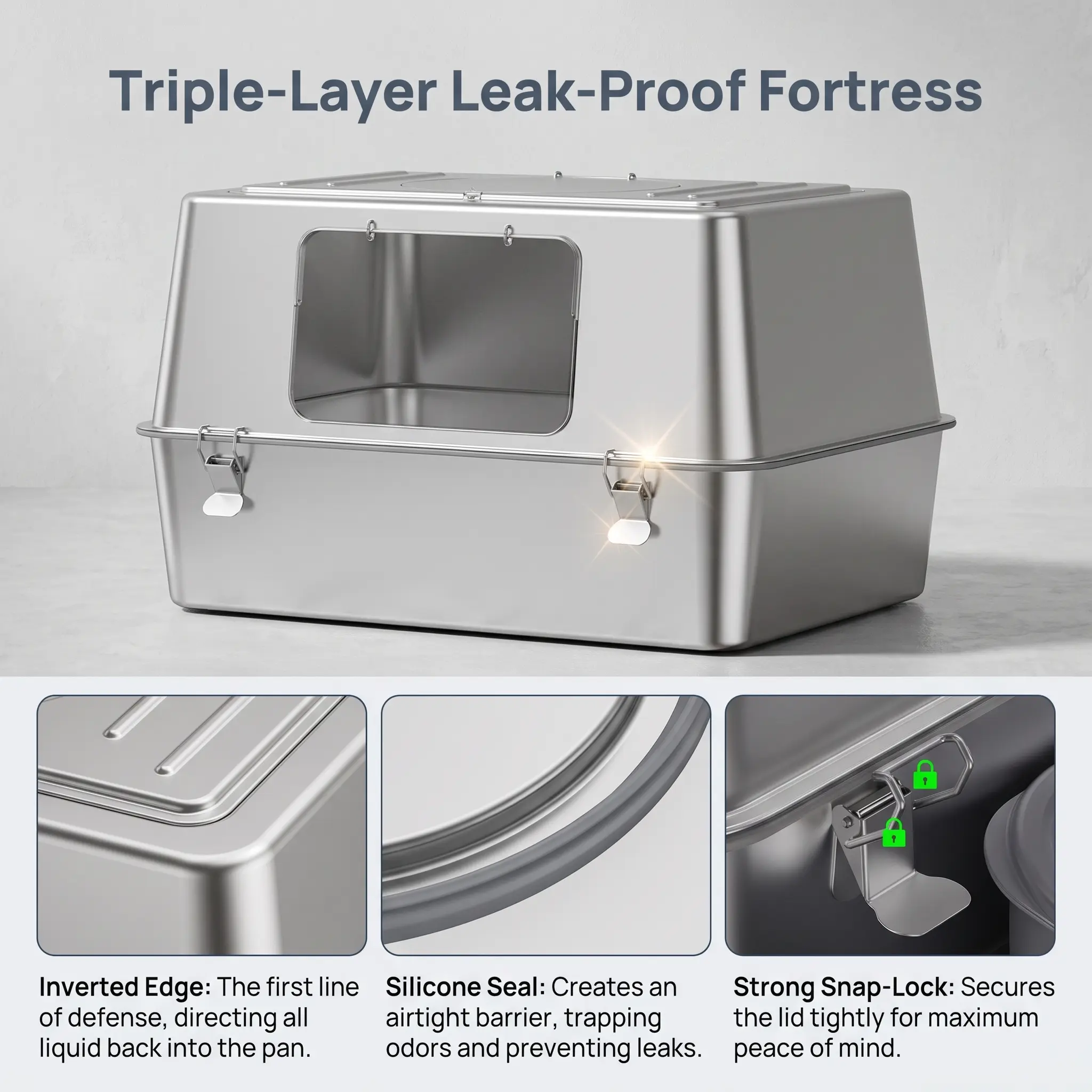 The Last Litter Box You'll Ever Buy: 100% 304 Stainless Steel Cat Litter Box Ends Smelly Odors and Bacteria Forever, Extra Large 24-Inch Jumbo Space for Big Cats, Triple-Layer Leak-Proof Fortress with Silicone Seal to Keep Your Home Fresh.
