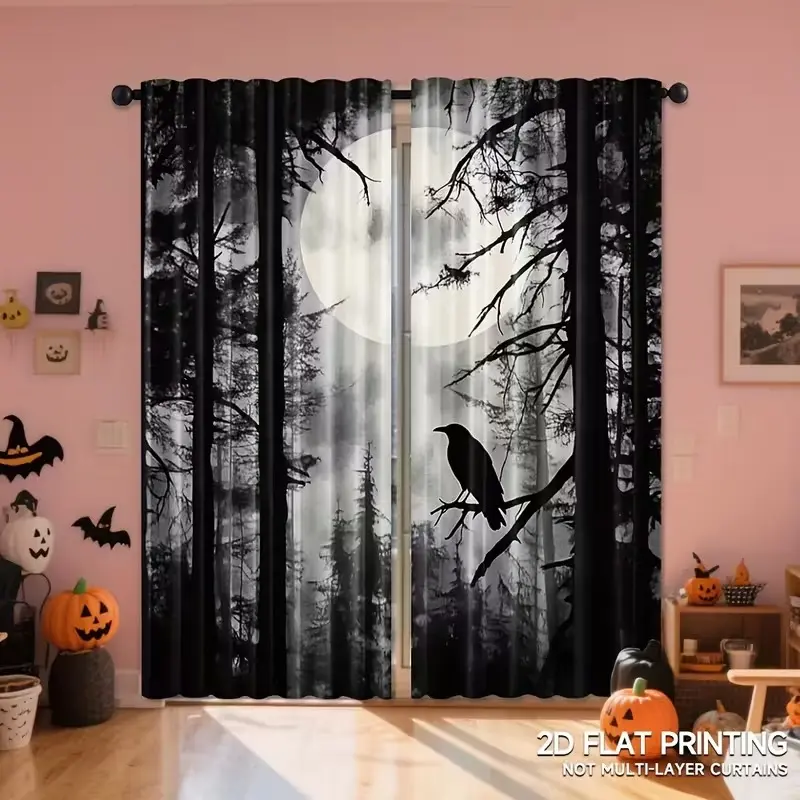 2-piece Moon Forest Crow Curtains - Translucent Digital Printing, Suitable for Living Room and Bedroom Decoration, Polyester Fiber Material, Natural Inspiration Home Decoration, Art Home Decoration, Living Room Window Curtains