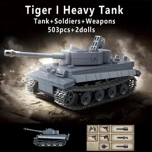 503pcs Classic Tiger I Heavy Tank Armor Model Set, Includes 2 Soldiers Weapons Accessories, DIY Assembly Building Blocks Toy Kit
