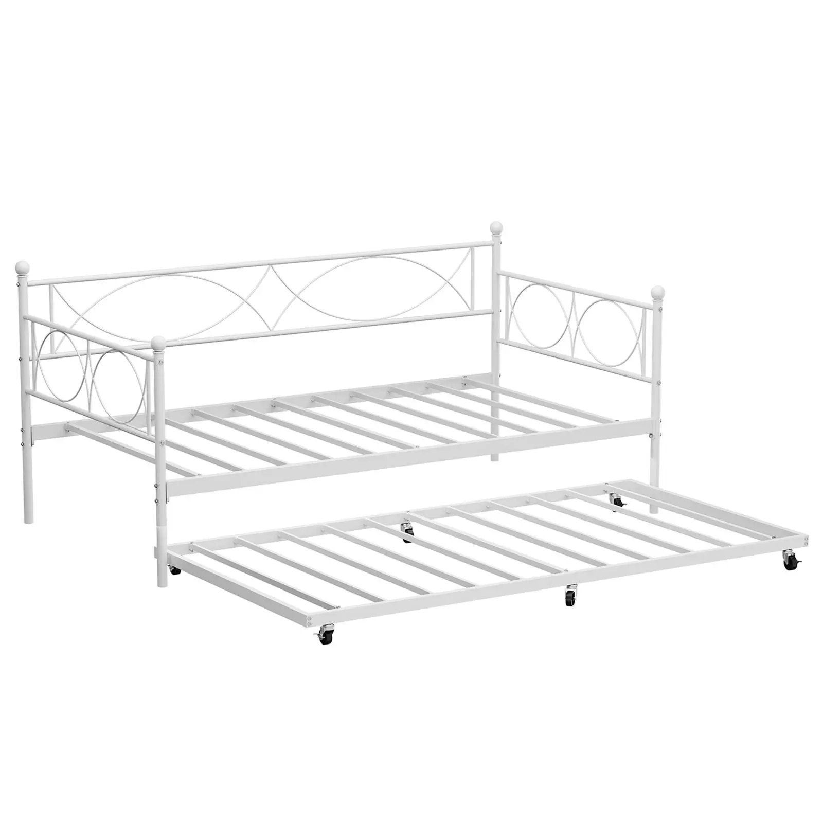 Gaomon White Iron Floral Geo Design Twin Size Metal Daybed with Trundle - Heavy-Duty Bed Frame, Locking Casters, Metal Slats Mattress Foundation, Sofa Bed, Bedroom Furniture, 500lbs Max Weight, Easy Setup