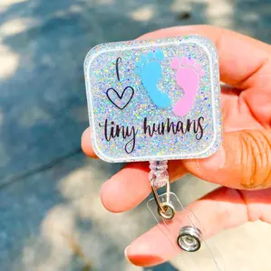 I Love Tiny Humans - badge holder - retractable badge holder - badge reel - footprints reel - identification badge holder - alligator clip - L&D reel - nicu nurse - new parents - ob gyn reel - baby badge holder
