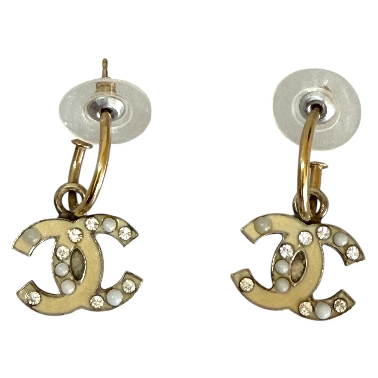 Pre-owned Chanel CC Drop Dangle Earrings Faux Pearl Rhinestone Authentic With COA
