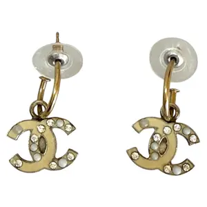 Pre-owned Chanel CC Drop Dangle Earrings Faux Pearl Rhinestone Authentic With COA