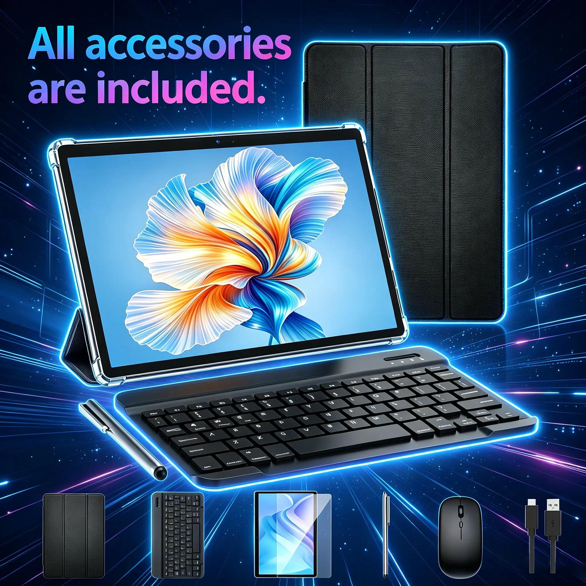 【2026】10.1-inch tablet, Android 14, 12GB RAM+256GB expandable storage, high-definition screen, 10000mAh battery, 5GWi Fi; Portable device with keyboard, mouse, protective case, and stylus; Suitable for school, work, and holiday gifts.