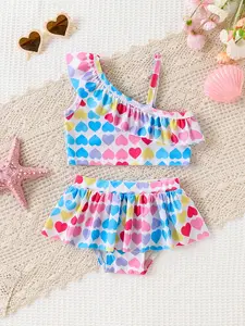 2-Piece Girls' Heart Print Bikini Set, Asymmetrical Straps, Quick-Dry Swimwear, Quick Drying Swimsuit, Beach Pool, Cute Style, All Seasons, Heart Print Swimsuit With Ruffle, Swimsuit Sets