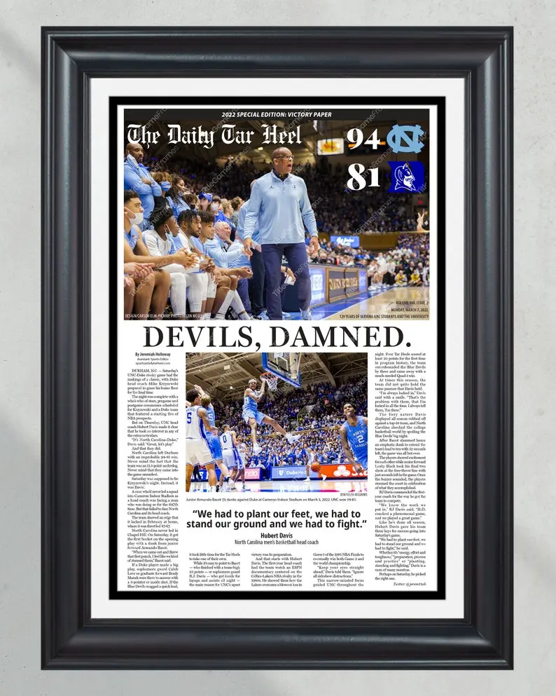 2022 North Carolina Tar Heels NCAA College Basketball Def. Duke Unframed Front Page Newspaper Print Coach K Final Home Game l Home Decoration Poster