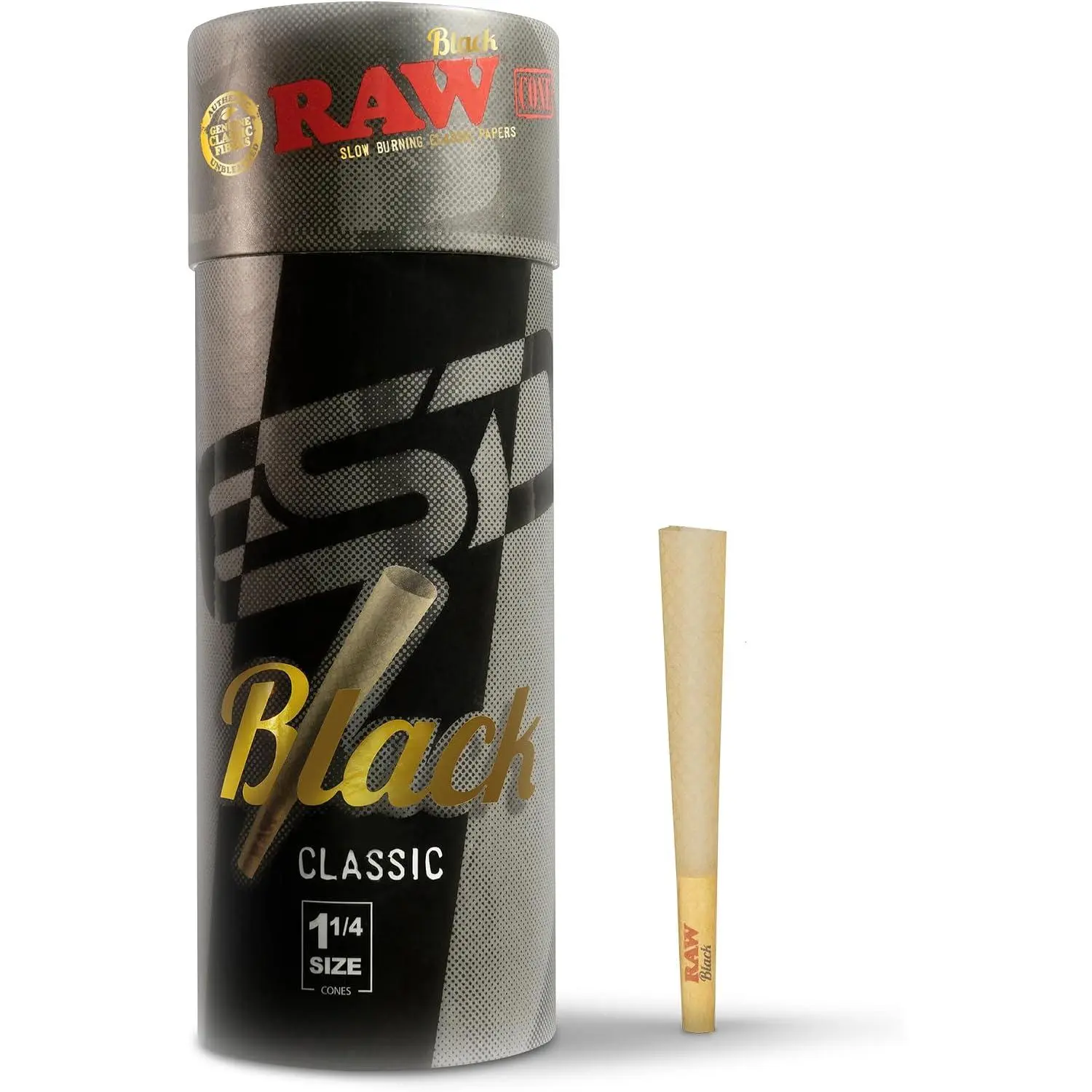 RAW Classic Black 1-1/4 Size Paper Cones, 50 Count, Extra Fine Natural Paper, 84mm
