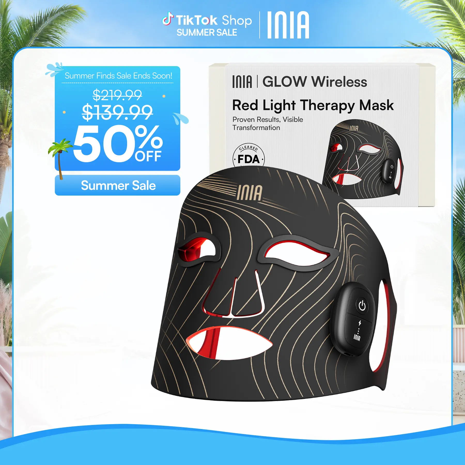 INIA GLOW Wireless LED Face Mask-with Red Light Therapy, 2-Year Warranty, Portable and Rechargeable for LED Facial Mask Skincare at Home and Travel, Summer Travel Accessories