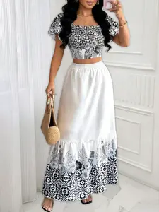 Women's Spring Summer Autumn Elegant Style Print Vacation Beach Party Short Sleeve Fitted Top and High Waist Long Skirt Set, A-Line Dress Suit, Perfect for Travel
