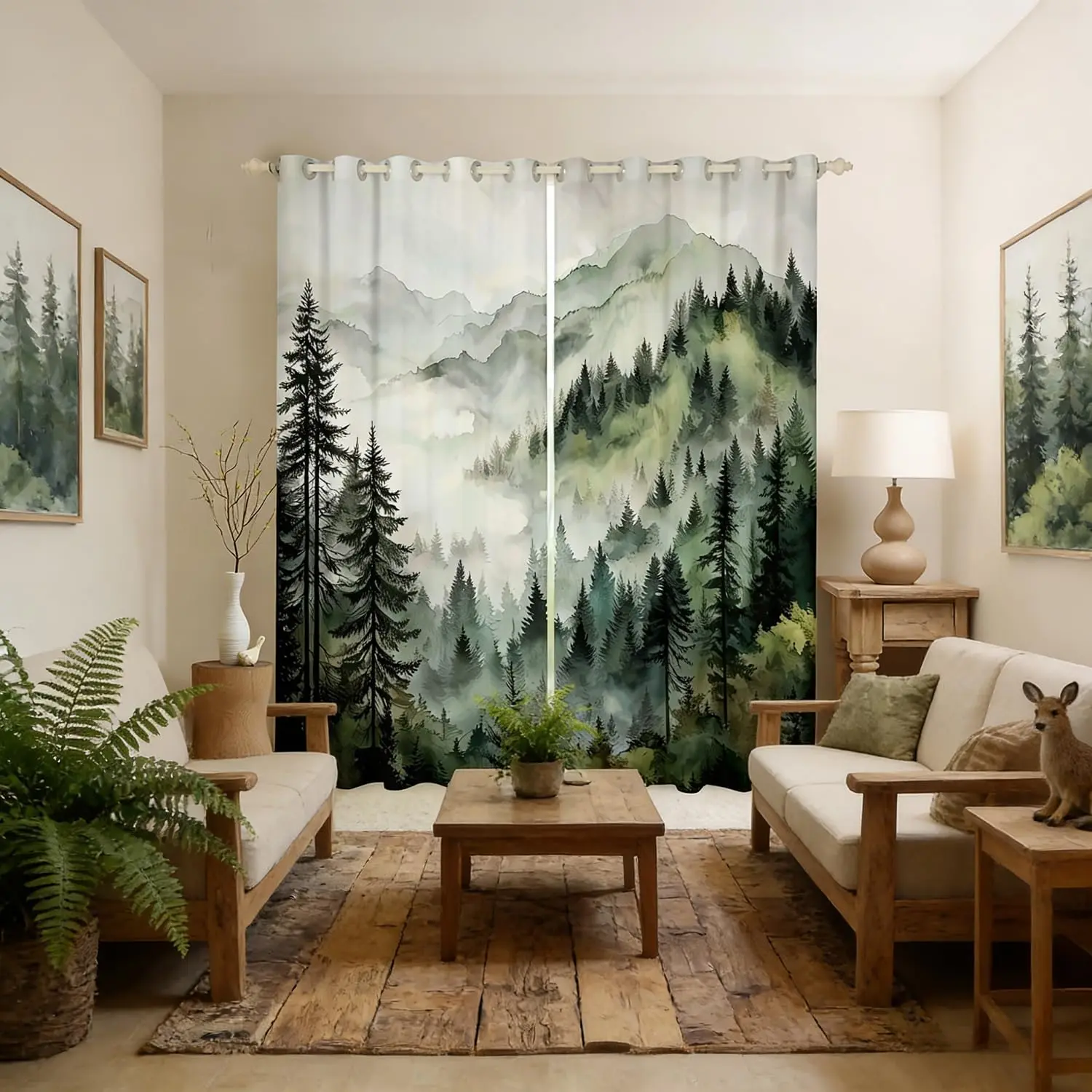 Dark Green Misty Forest Window Curtains Mountain Foggy Woodland Blackout Curtains for Bedroom Living Room,Rustic Pine Tree Window Treatments Watercolor Nature Drapes 2 Panels