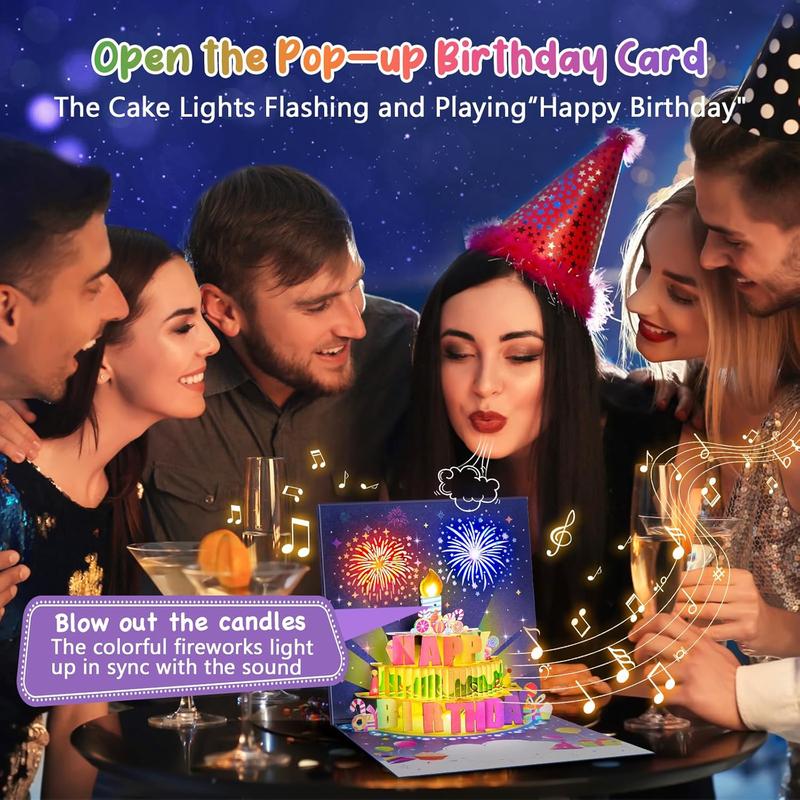 Birthday Cards Fireworks Pop Up Cake Blowable Light and Music Happy Birthday Card Gifts for Women Men Mom Kids