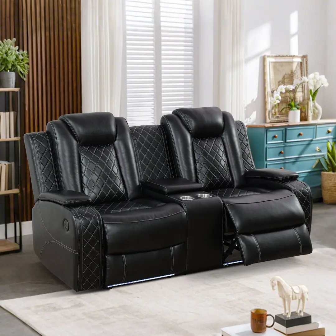 Black Breathable Leather Living Room Sectional Sofa - Adjustable Backrest Loungers, Sofa Sectional Couch, Storage Arms Summervibes Loveseat