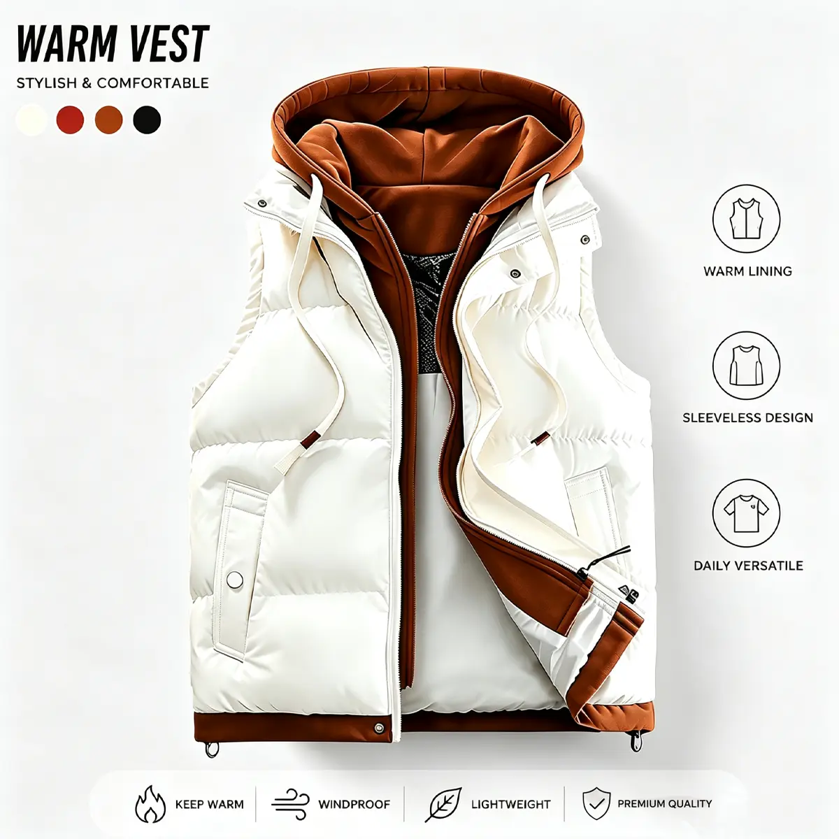 Men's Polyester Casual Hooded Waistcoat, Autumn-Winter, Color-Block Patchwork, Loose Fit, Sleeveless, Crew Neck, Zipper, Medium Length, Warm Menswear Top
