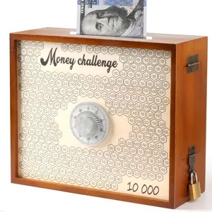 10000 Savings Challenge Box with Lock, Large Wooden 10k Money Saving Box Saver $10,000 Reusable Coin Money Challenge Cash Vault Saving Box Tracker Number Piggy Bank for Adults Kids, Brown