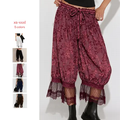 Mundoven Womens Lace Trim Long Bloomers Y2k Floral Ruffle Elastic Mid Rise Pettipants Cropped Flared Slips Pants