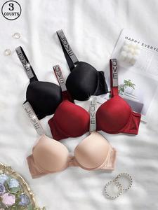 women's letter print rhinestone decor underwire bra, soft comfortable breathable push up breast support bra, bras for women, lingerie for all seasons, lady bra sets, pushbra, underwear sets, casual comfy bras