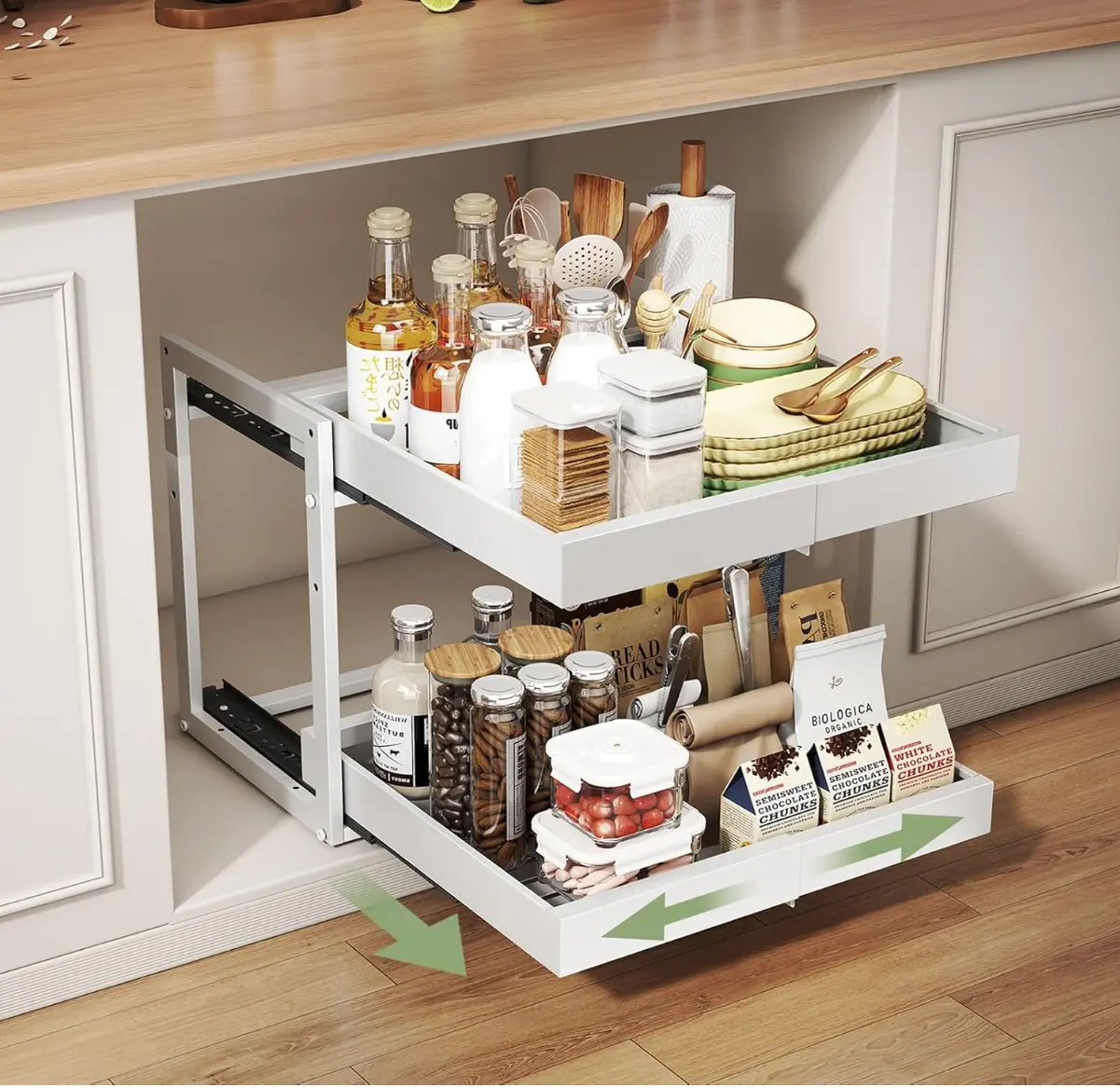 Abalter Expandable Pull Out Cabinet Organizer, 2-Tier Slide Out Drawer for Kitchen Cabinets, Adjustable Width 12–18.5", Slide Out Shelves for Kitchen, Bathroom, Pantry, Heavy Duty Caddy(White) sliding  shelves