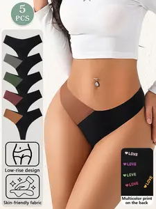 Women's Seamless Thong Panties Set, Low Waist Breathable Invisible Underwear, Sexy Slim-Fitting Patchwork Design, All Seasons, Underwear Sets