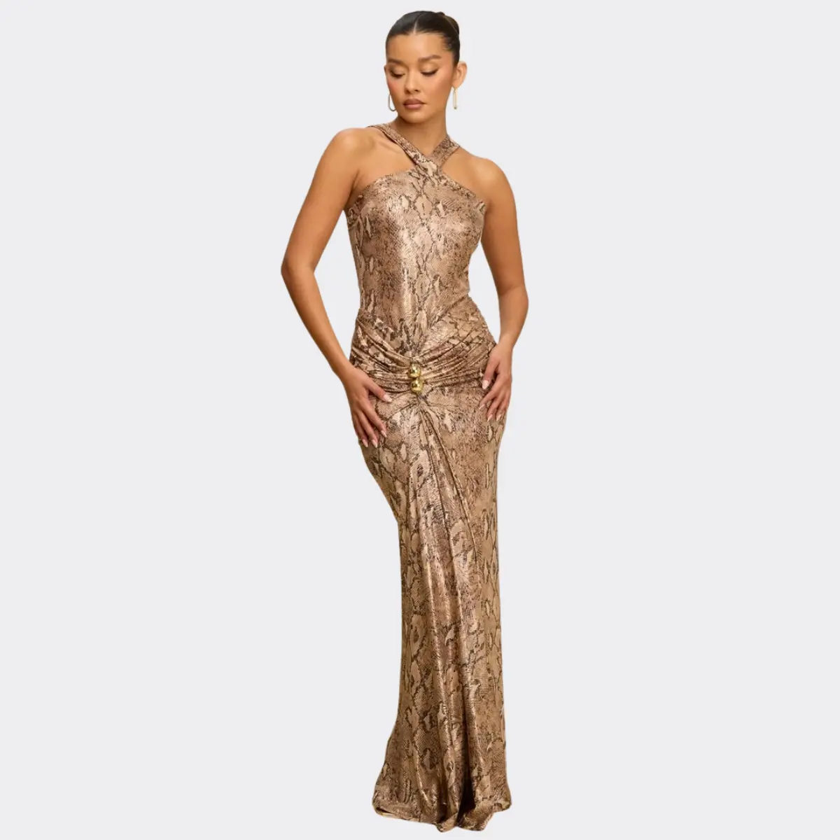 Golden Halter Maxi Dress – Luxury Bodycon Evening Gown for Women | La Belle Gina Boutique Formal Wear Womenswear
