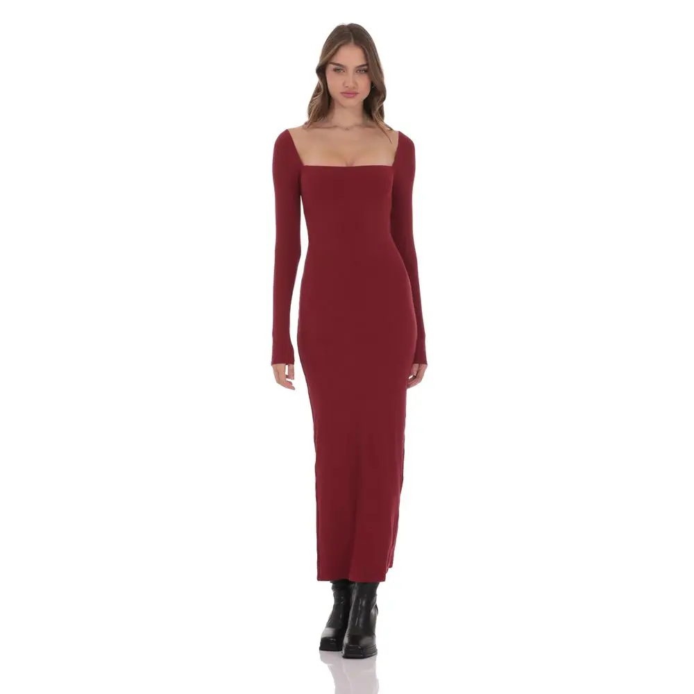 Cinch-Tie Ribbed Maxi Dress in Burgundy