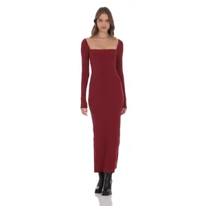Cinch-Tie Ribbed Maxi Dress in Burgundy