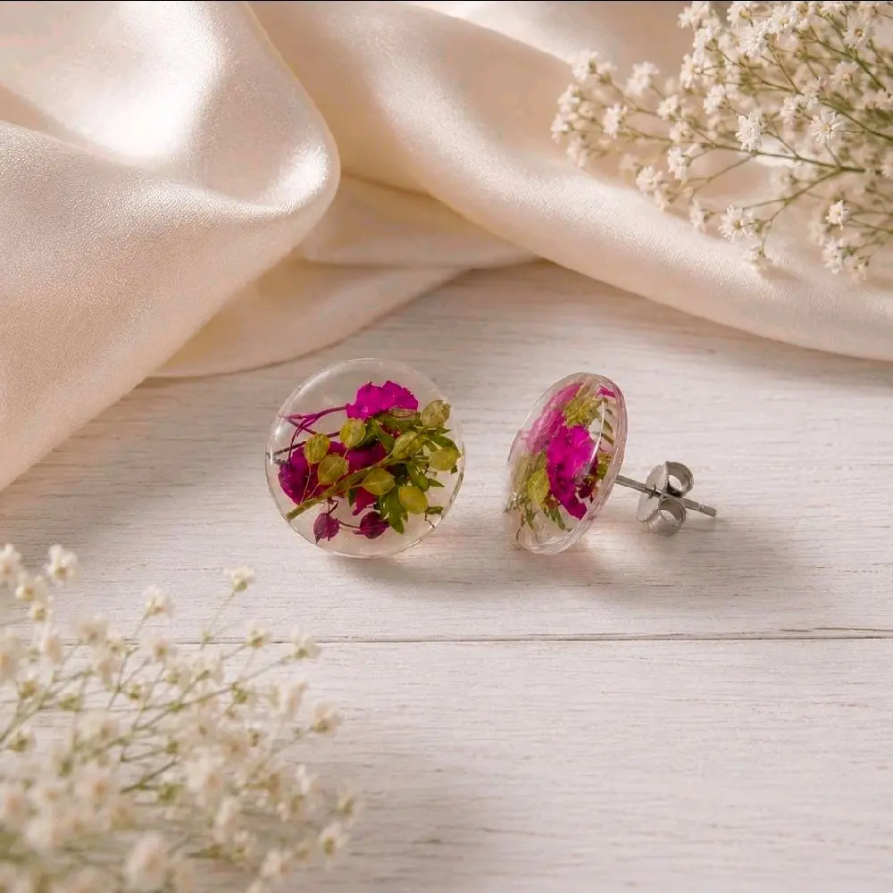 Handmade Resin Stud Earrings with Dried Forget-Me-Nots and Baby's Breath