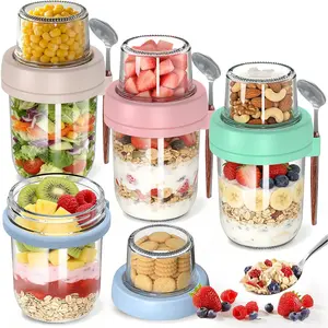 4 Pack Overnight Oats Containers with Lids and Spoons – 20 oz (16+4) Overnight Oats Jars with Dry and Wet Separation – Dual-Layer Yogurt Containers for Oatmeal, Cereal, Fruit Salad, Yogurt