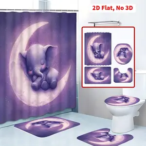 4 Pcs Adorable Purple Elephant on Crescent Moon Shower Curtain Set, Dreamy Bathroom Accessories, Non - slip Bathroom Floor Mat, Shower Curtain with Hooks, Toilet Cover Mat, Home Decor, Bathroom Accessories Machine Washable the bathroom is full of g