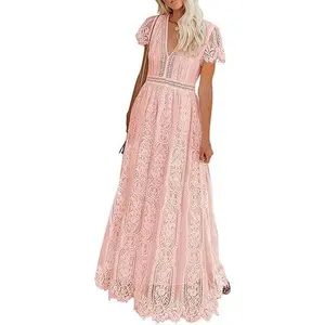 MEROKEETY Women's V Neck Short Sleeve Floral Lace Wedding Dress Bridesmaid Cocktail Party Maxi Dress