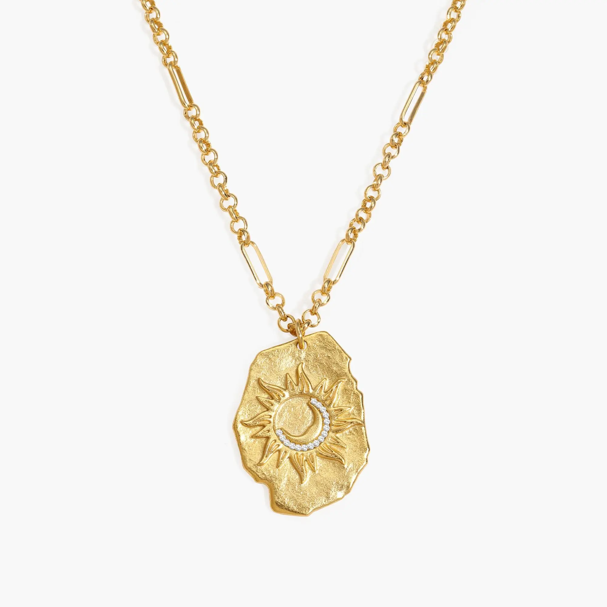 en route Sol Relic Necklace, Vintage Textured Gold Plated Sun Pendant, Perfect for Everyday Styling and Necklace Layering