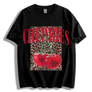 Women's Leopard And Cherry Print Graphic T-Shirt - 100% Cotton Short Sleeve Crew Neck Regular Fit Casual Wear | Soft & Breathable Fabric, Durable Print, Everyday Comfort, Machine Washable, casual fashion lifestyle flat lay