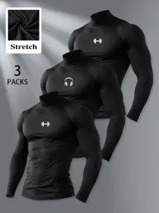 Men's High Neck Long Sleeve Knit T-Shirt Set, Casual Fitted X-Type Silhouette, Fall & Winter Moderate Fabric, Three-Piece Clothes