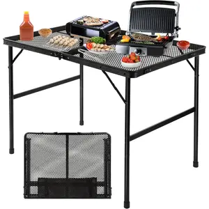 Folding Grill Table Camping Table with Mesh Desktop, Lightweight 3 FT Metal Table for Outside, Height Adjustable Portable Grill Tables for Camping, Picnic, Beach and BBQ, RV