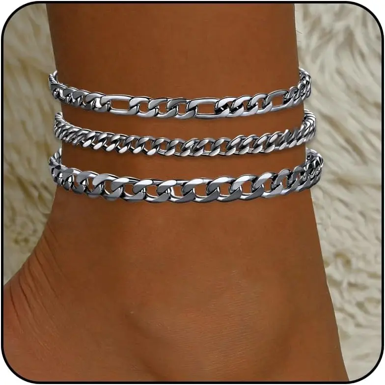 Women's Stainless Steel Adjustable Layered Cuban Anklets Set - Elegant Fashion Accessories, Anklets for Women for Summer Beach Wear