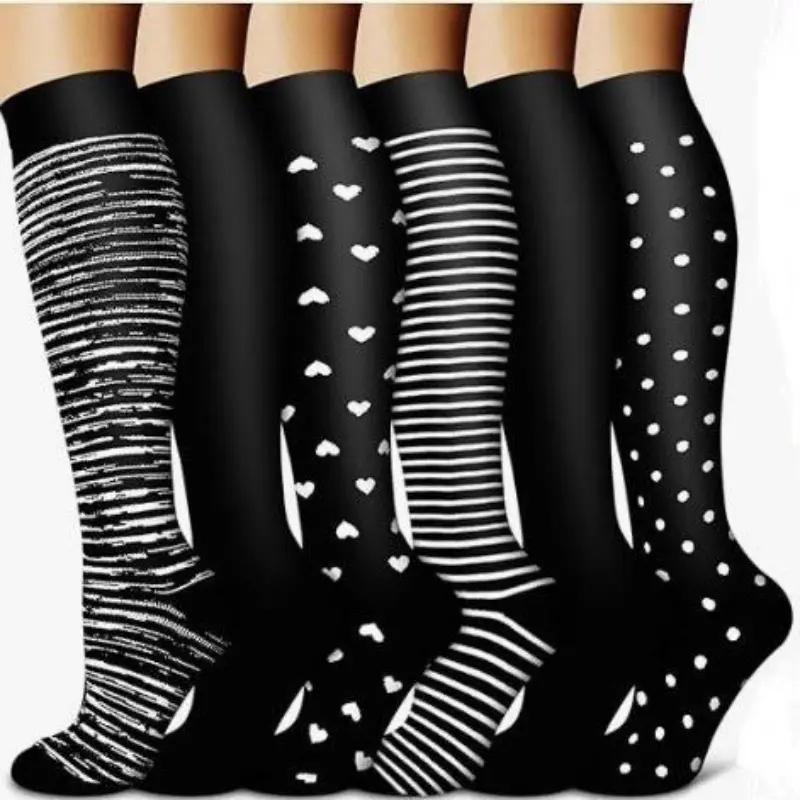 6 Pairs Compression Socks for Women, Soft Nylon with Assorted Patterns for Light Leg Support and Everyday Casual Outfits