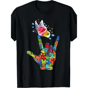 Men Women I Love You Hand Sign Language Butterfly Autism Awareness T Shirt For Daily Wear