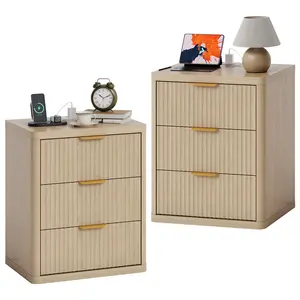 Fluted Nightstand Set of 2 with Charging Station, Bedside Table with 3 Drawers Storage Space, Metal Handles and Rounded Corners for Safety, Side Tables, End Table Bedroom