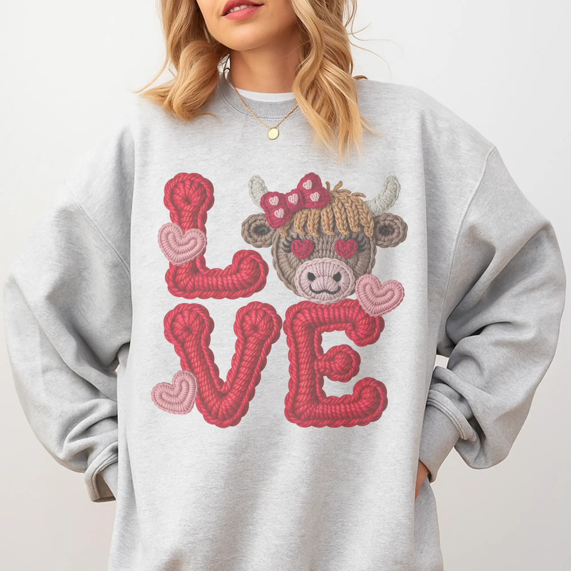 Valentines - Love Yarn Art Cow or Pooh Sweatshirt - Ash Grey - Valentines Day Sweatshirt Pullover Soft Unisex Womenswear Hoodie Comfy Aesthetic