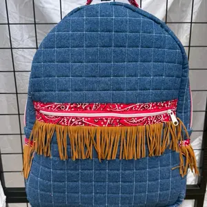 Handmade Quilted Denim Full Size Backpack with Fringe and Bandana Detail