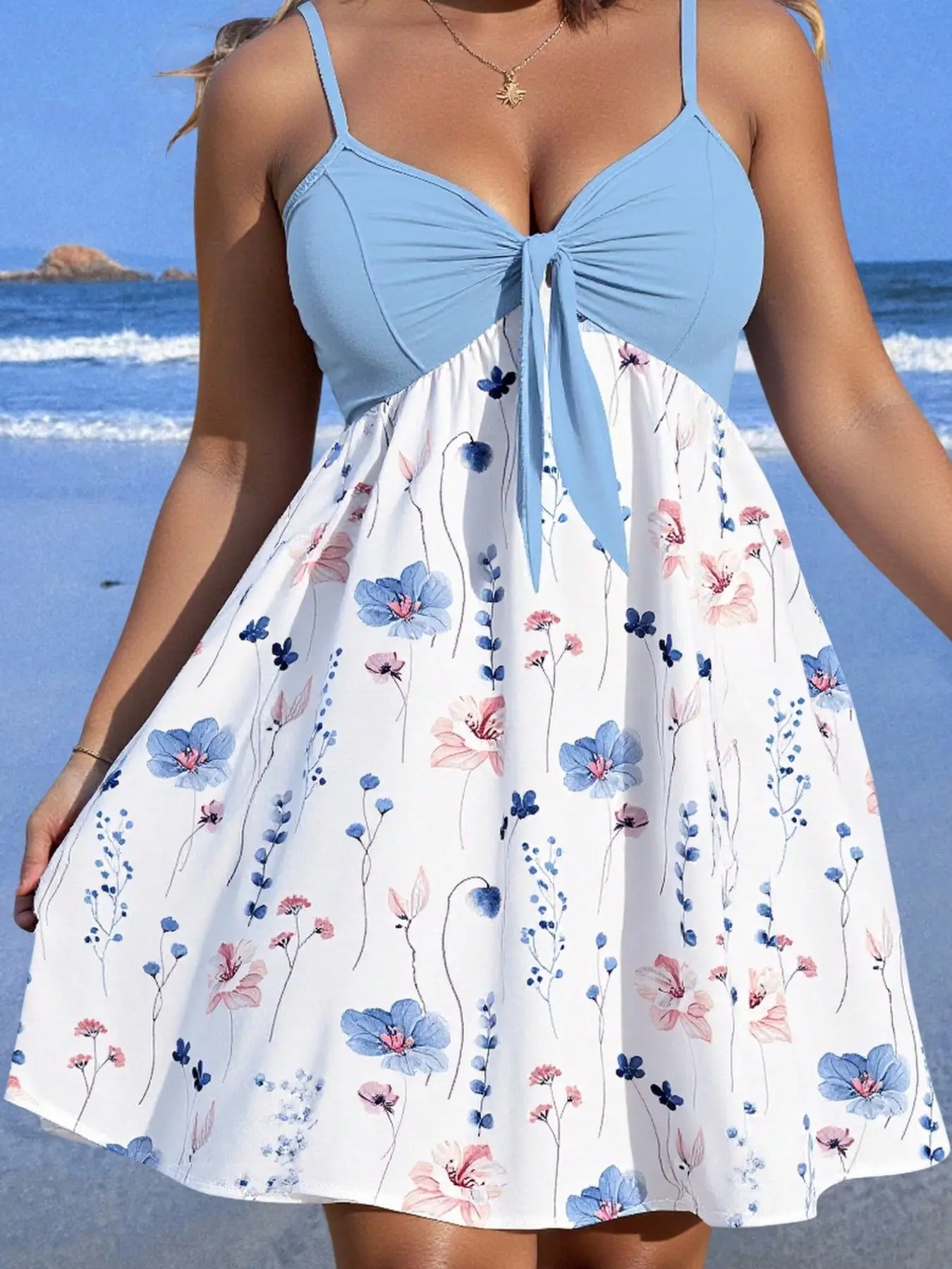 Women's Spaghetti Strap V Neck Tie Front Floral Print Mini Dress, Blue White Color Block Sleeveless A Line Flowy Dress, Boho Style Dress, Casual Beachwear Boho Outfit for Beach, Vacation, Summer Bohemian for Ladies